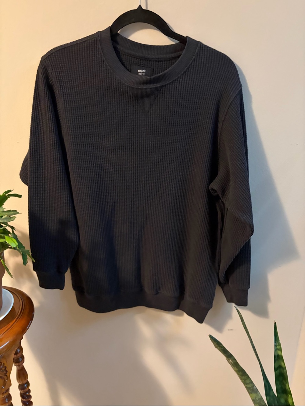 aerie Black Waffle-Knit Crewneck Sweater